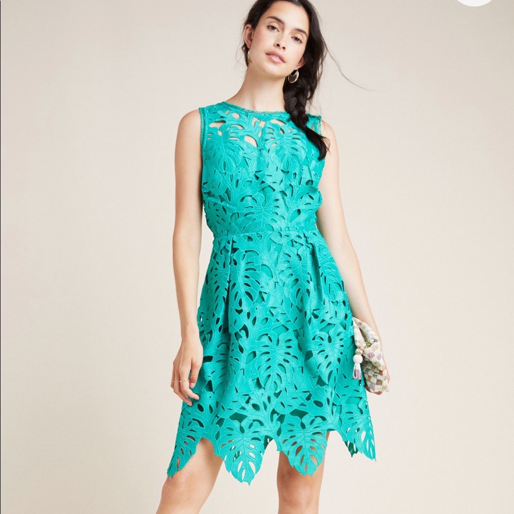 Anthropologie Teal Laser-Cut Sleeveless Mini Dress